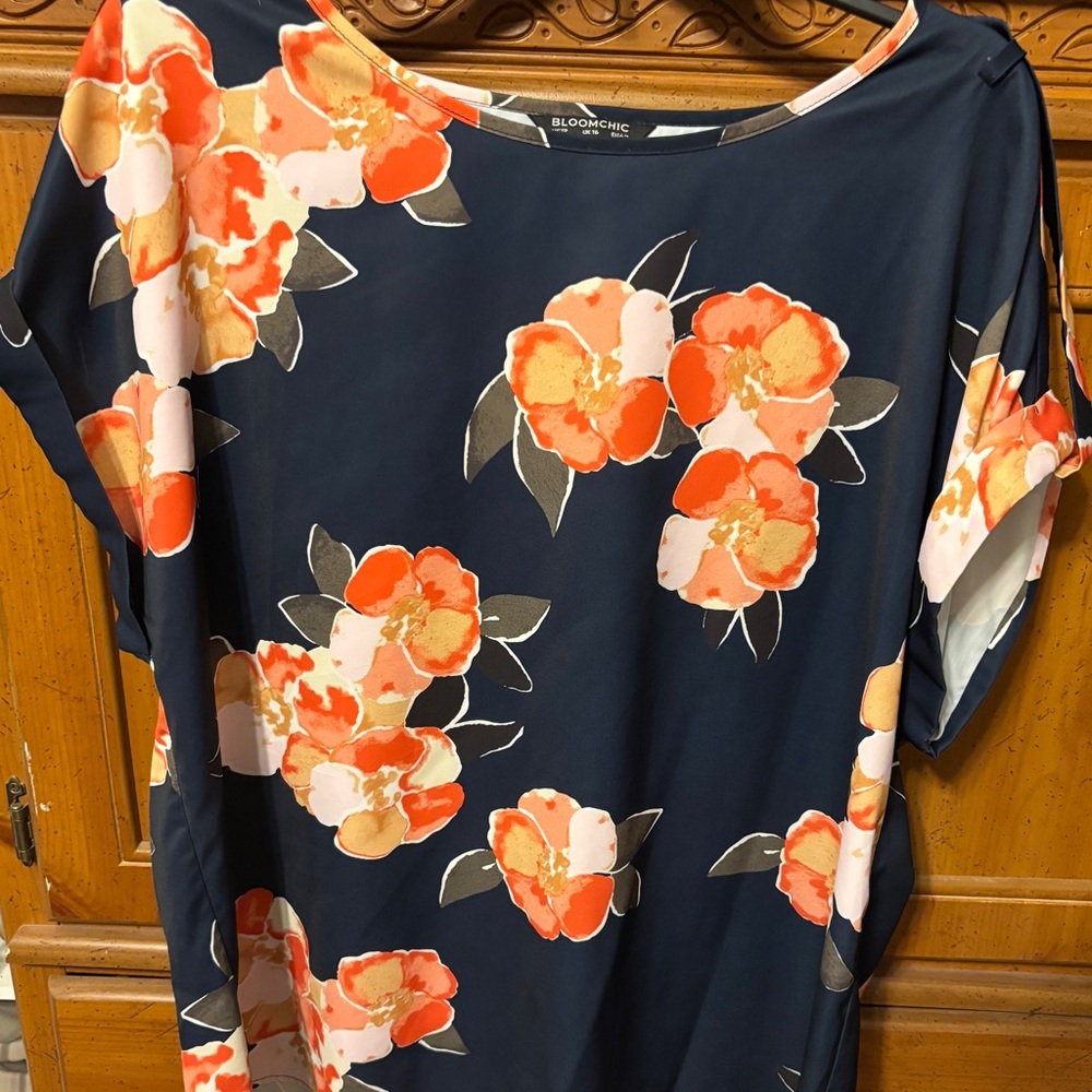BloomChic Navy Floral Short-Sleeve Blouse with Orange Blooms